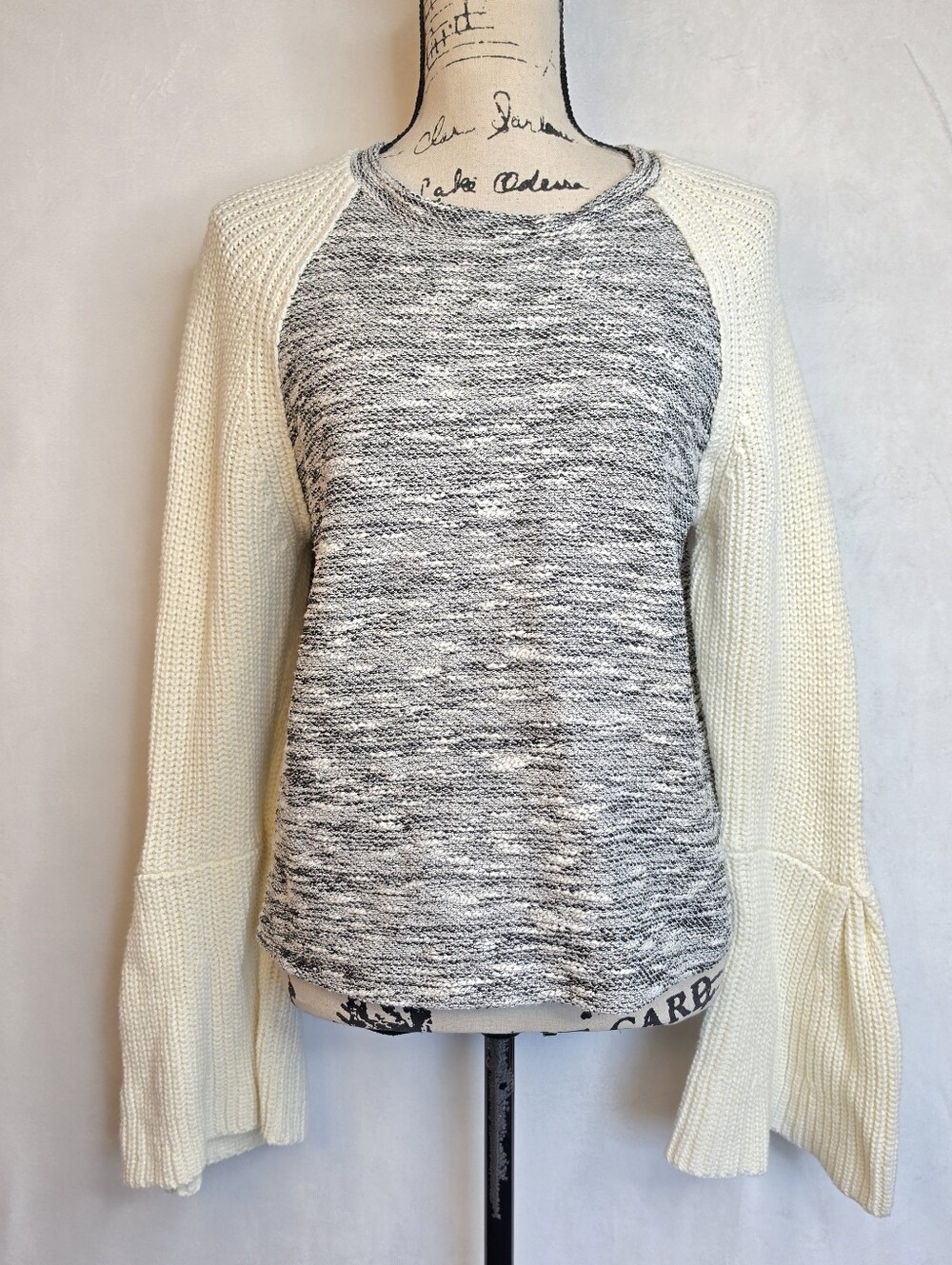 DOLAN Left Coast Collection Bell Sleeve Knit Top Gray Cream Medium Anthropologie